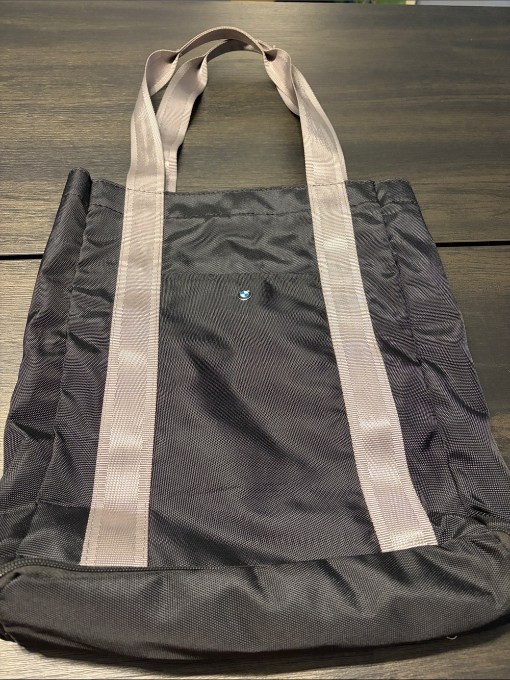 Authentic BMW Black Nylon Expandable Tote Bag with Grey Seatbelt Straps